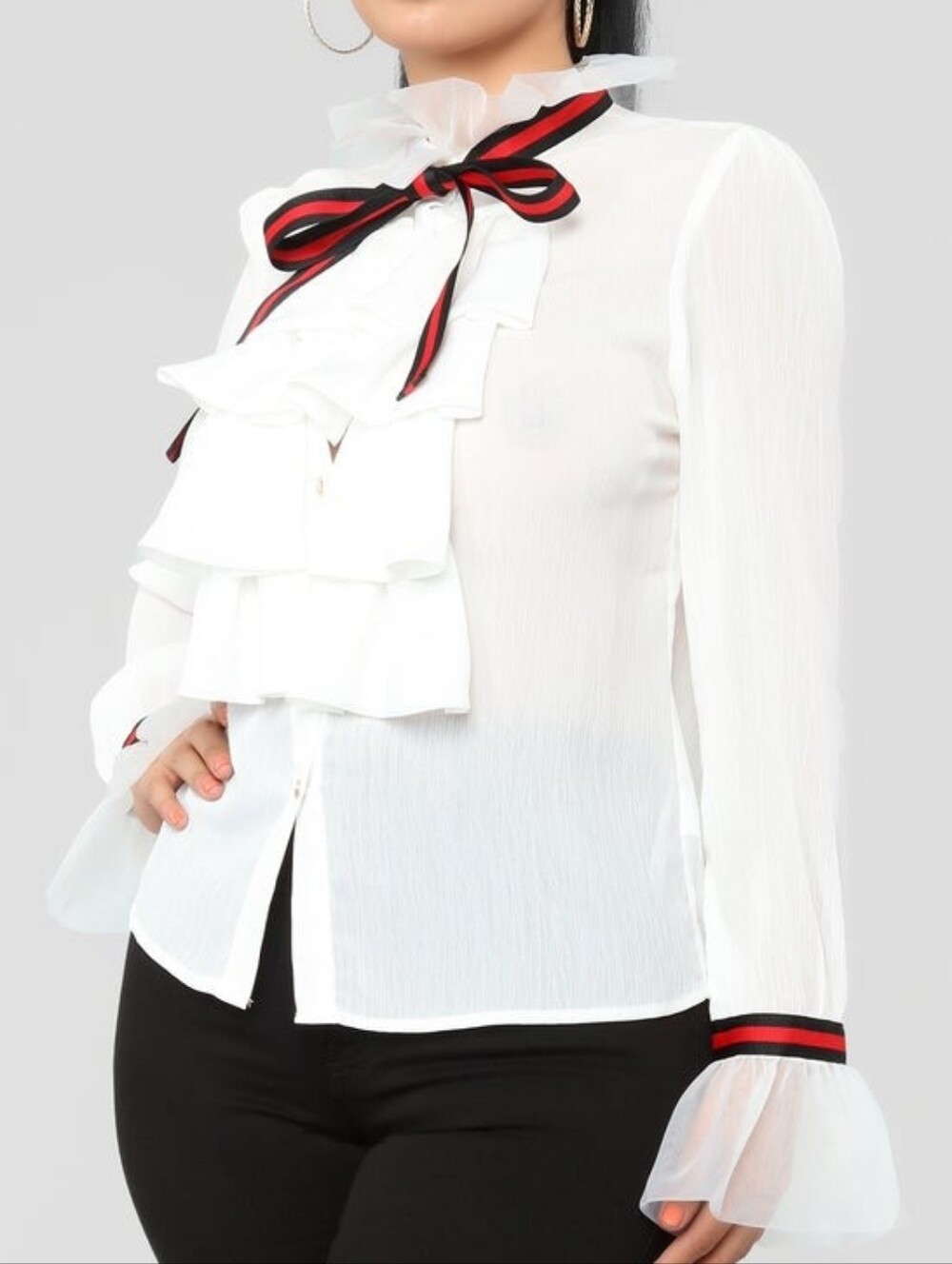 Chelsea White Sheer Ruffle Boss Blouse with Black & Red Necktie